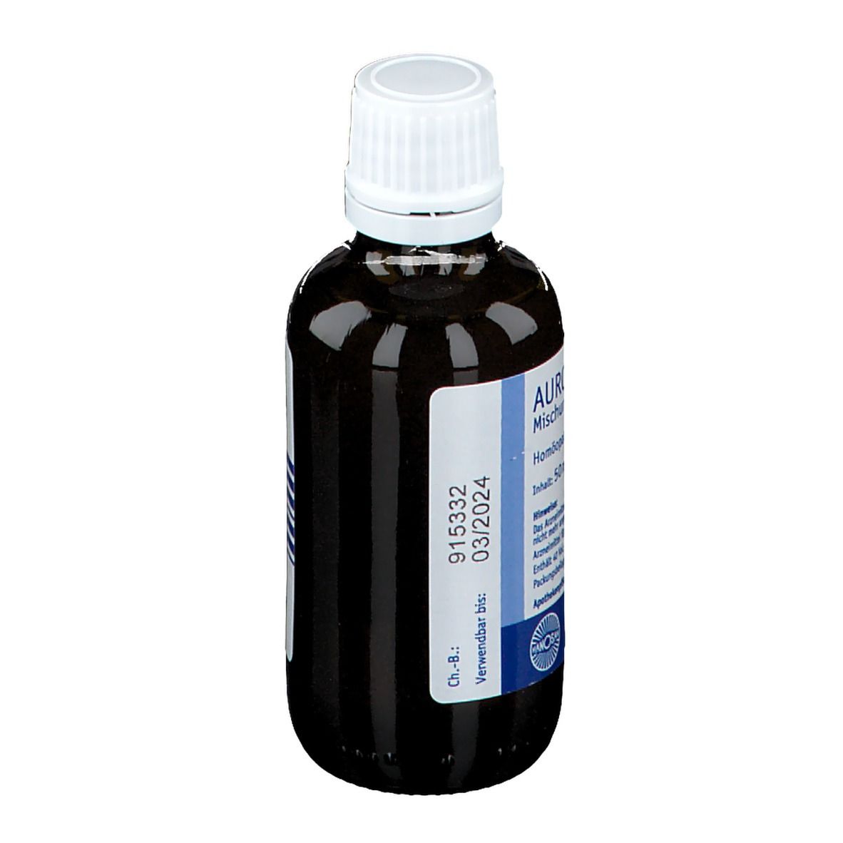 Braune Flüssigkeitsflasche mit weißem Verschluss. Etikett mit Chargennummer und Verfallsdatum.