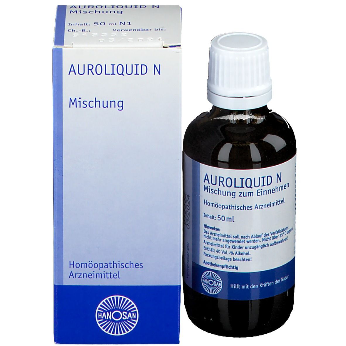Produktflasche und Verpackung. Flasche mit weißem Verschluss, daneben eine Schachtel mit Produktnamen.