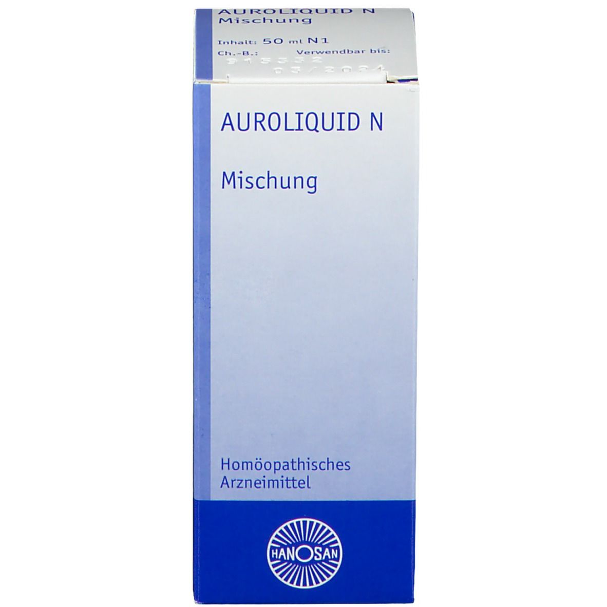 Produktverpackung. Weiße Schachtel mit Produktnamen und Herstellerlogo.