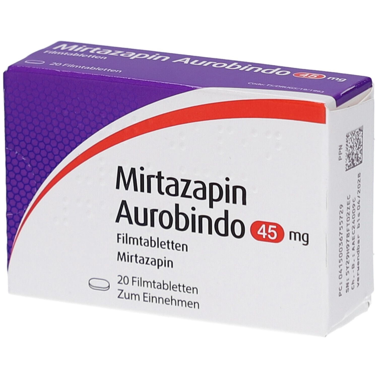 Schachtel Mirtazapin Aurobindo 45 mg. Violett-weißes Design. Rote Akzente. Schriftzug und Dosierung deutlich sichtbar.