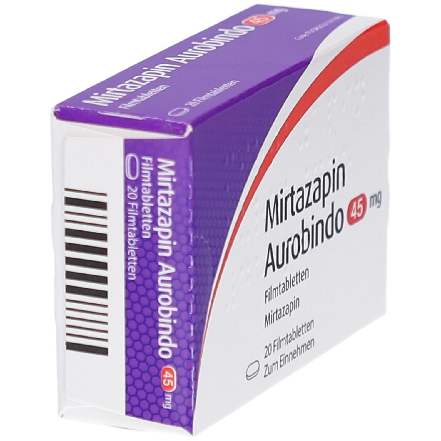 Schachtel Mirtazapin Aurobindo 45 mg. Seitenansicht. Violett-weißes Design. Rote Akzente. Schriftzug und Dosierung.