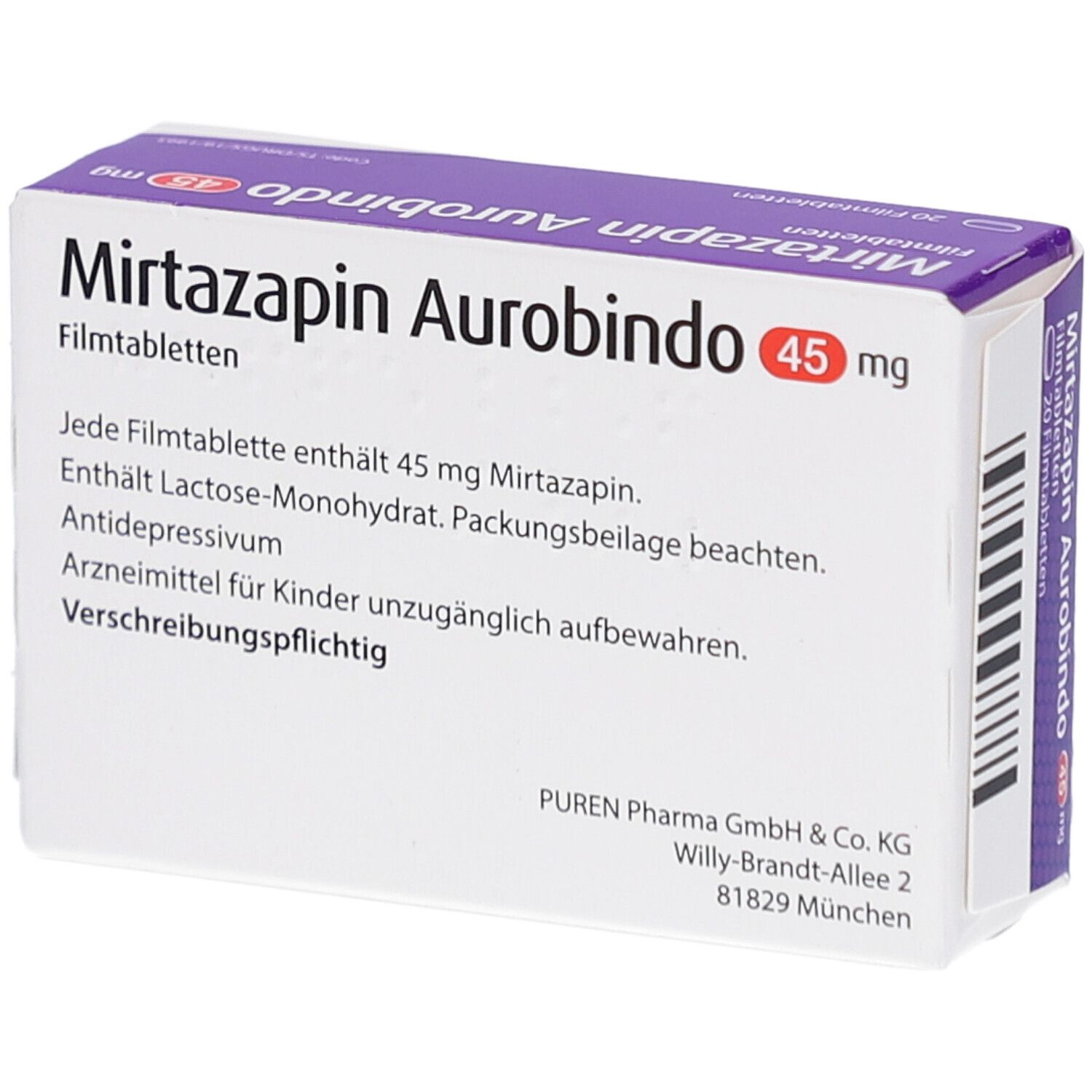 Schachtel Mirtazapin Aurobindo 45 mg. Textinformationen auf weißem Grund. Schriftzug und Dosierung deutlich sichtbar.
