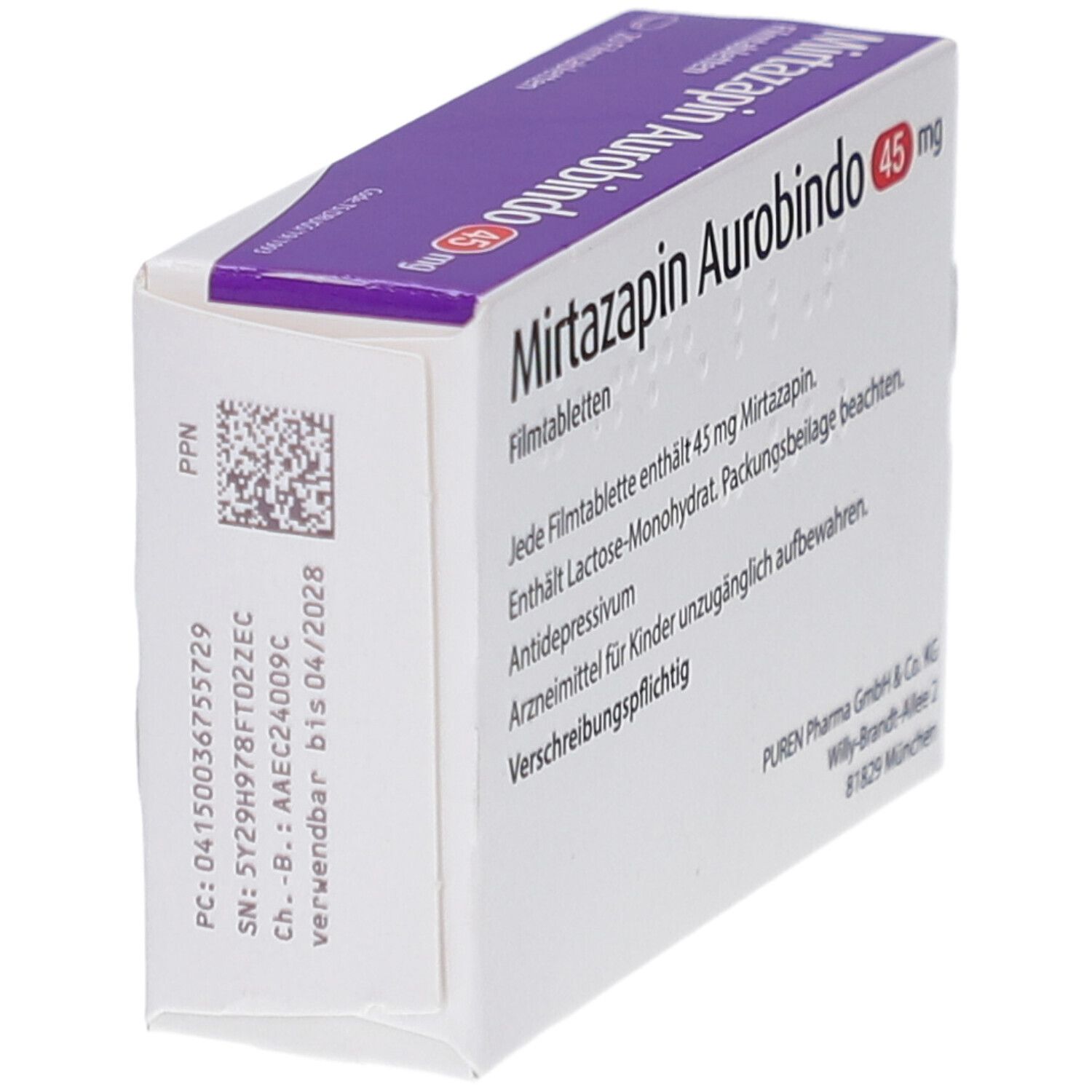Schachtel Mirtazapin Aurobindo 45 mg. Seitenansicht mit Text und Barcode. Weißer Grund. Schriftzug und Dosierung.