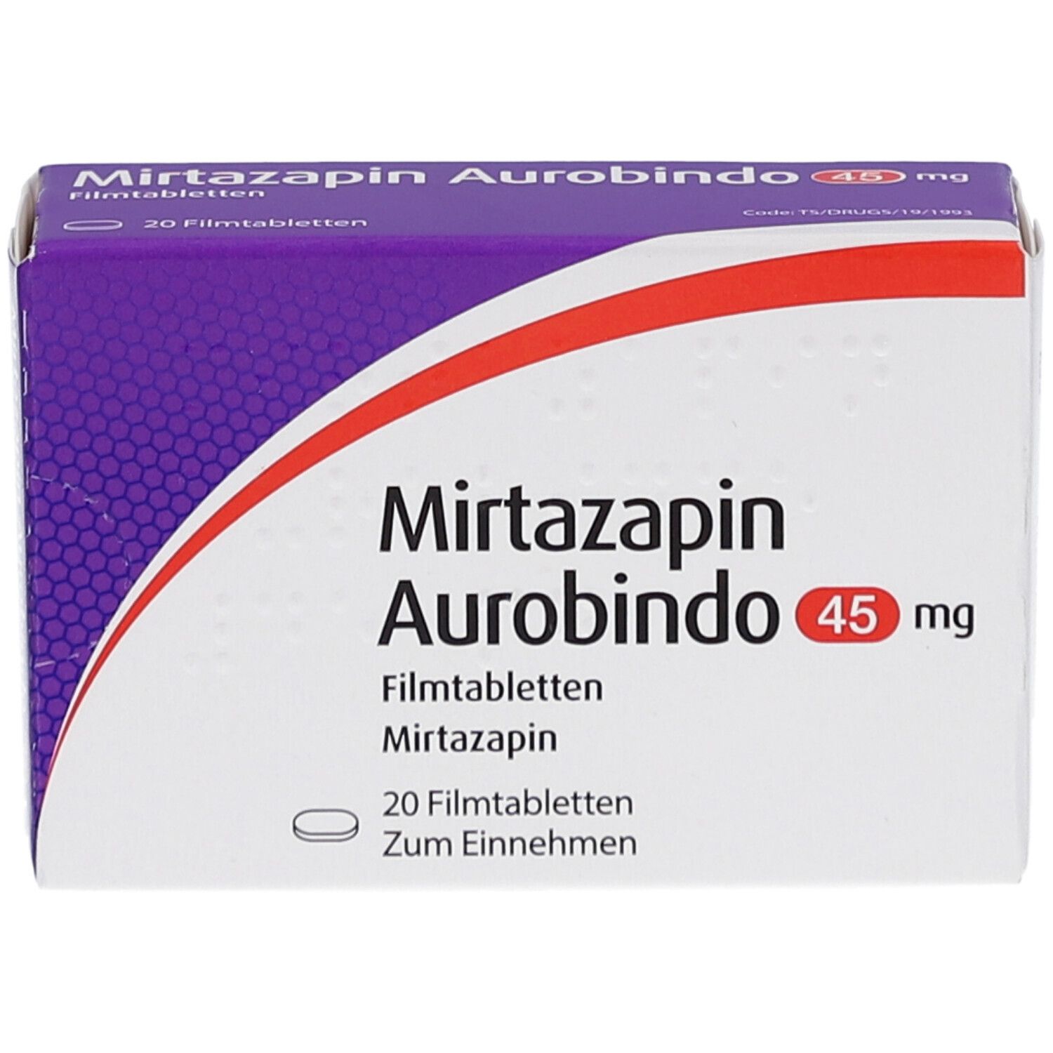 Schachtel Mirtazapin Aurobindo 45 mg. Violett-weißes Design. Rote Akzente. Schriftzug und Dosierung deutlich sichtbar.
