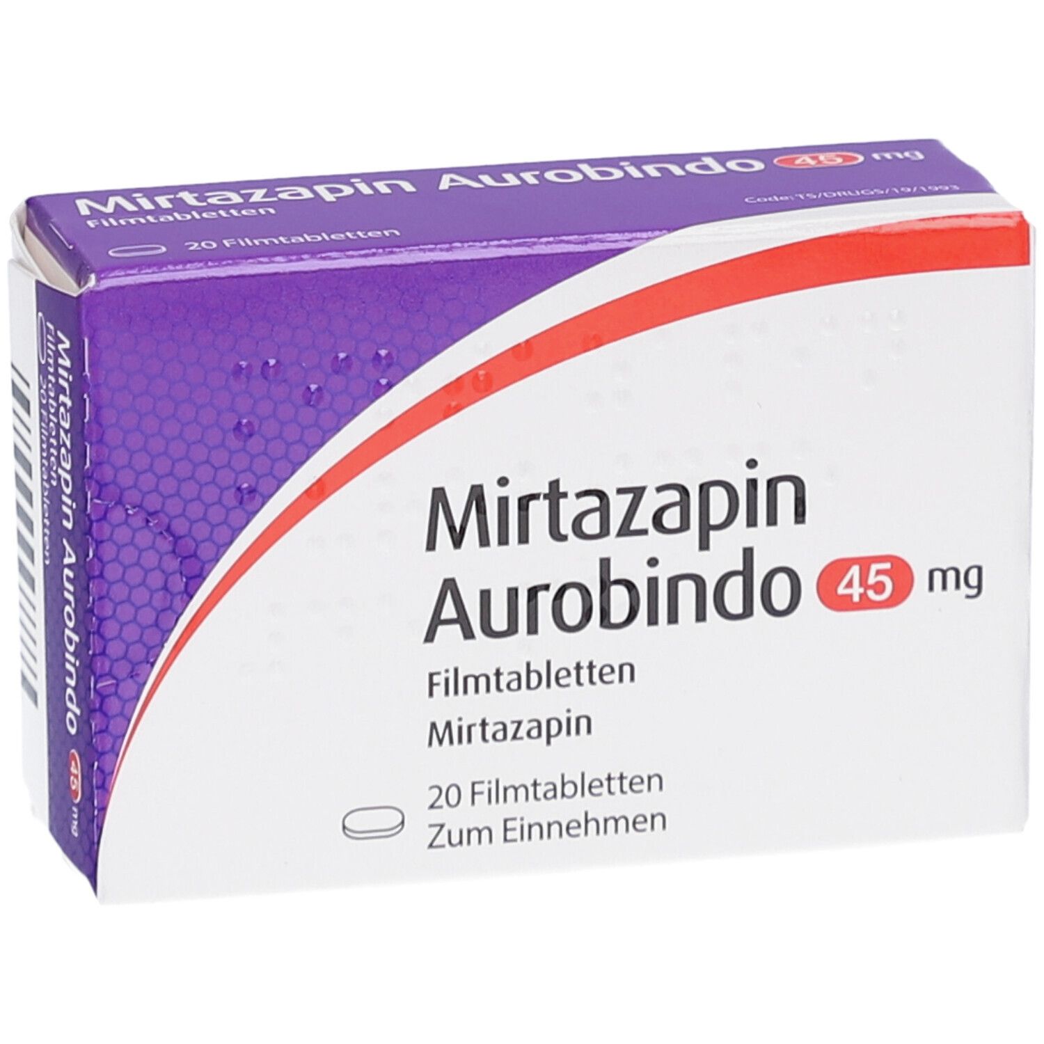 Schachtel Mirtazapin Aurobindo 45 mg. Violett-weißes Design. Rote Akzente. Schriftzug und Dosierung deutlich sichtbar.