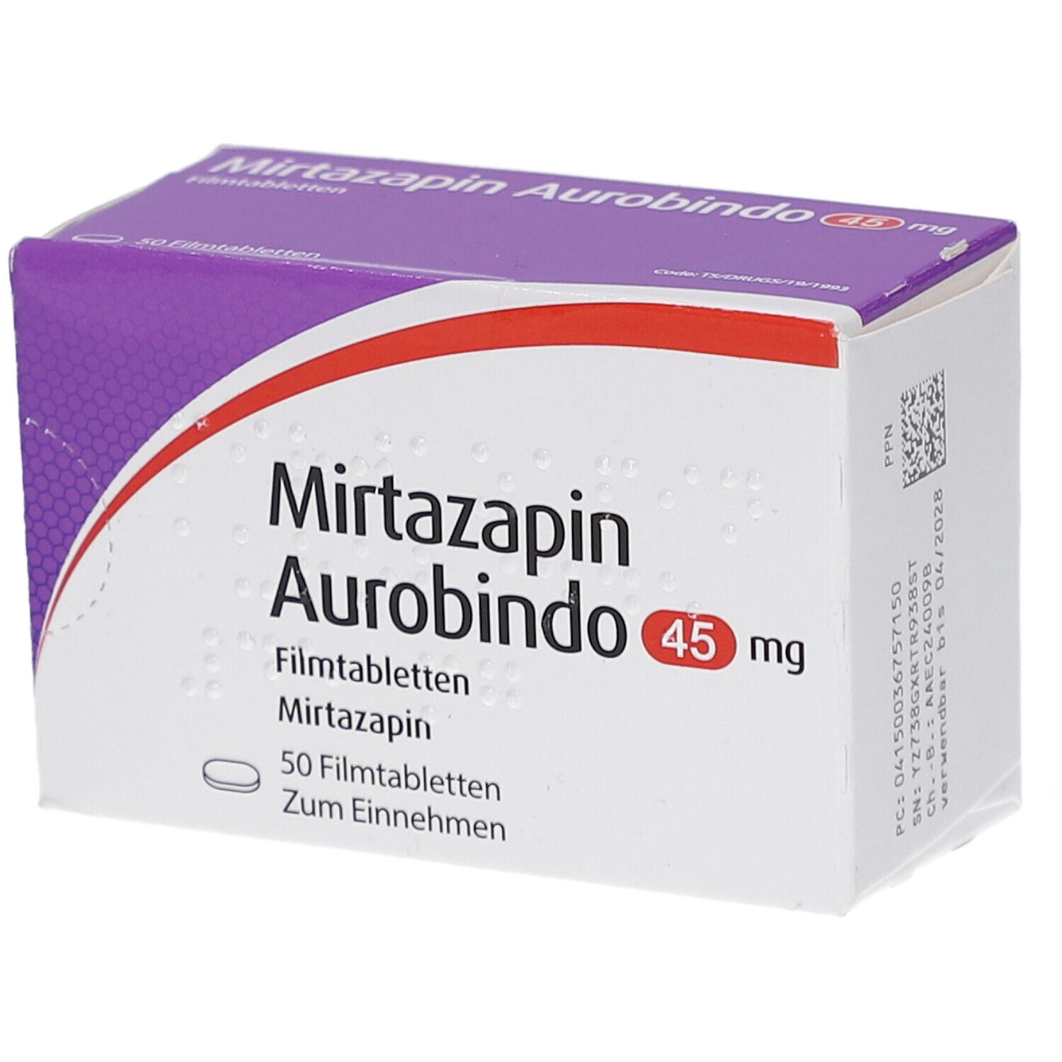 Schachtel mit Mirtazapin Aurobindo 45 mg Filmtabletten. Aufschrift: 50 Filmtabletten. Lila und weiße Verpackung.