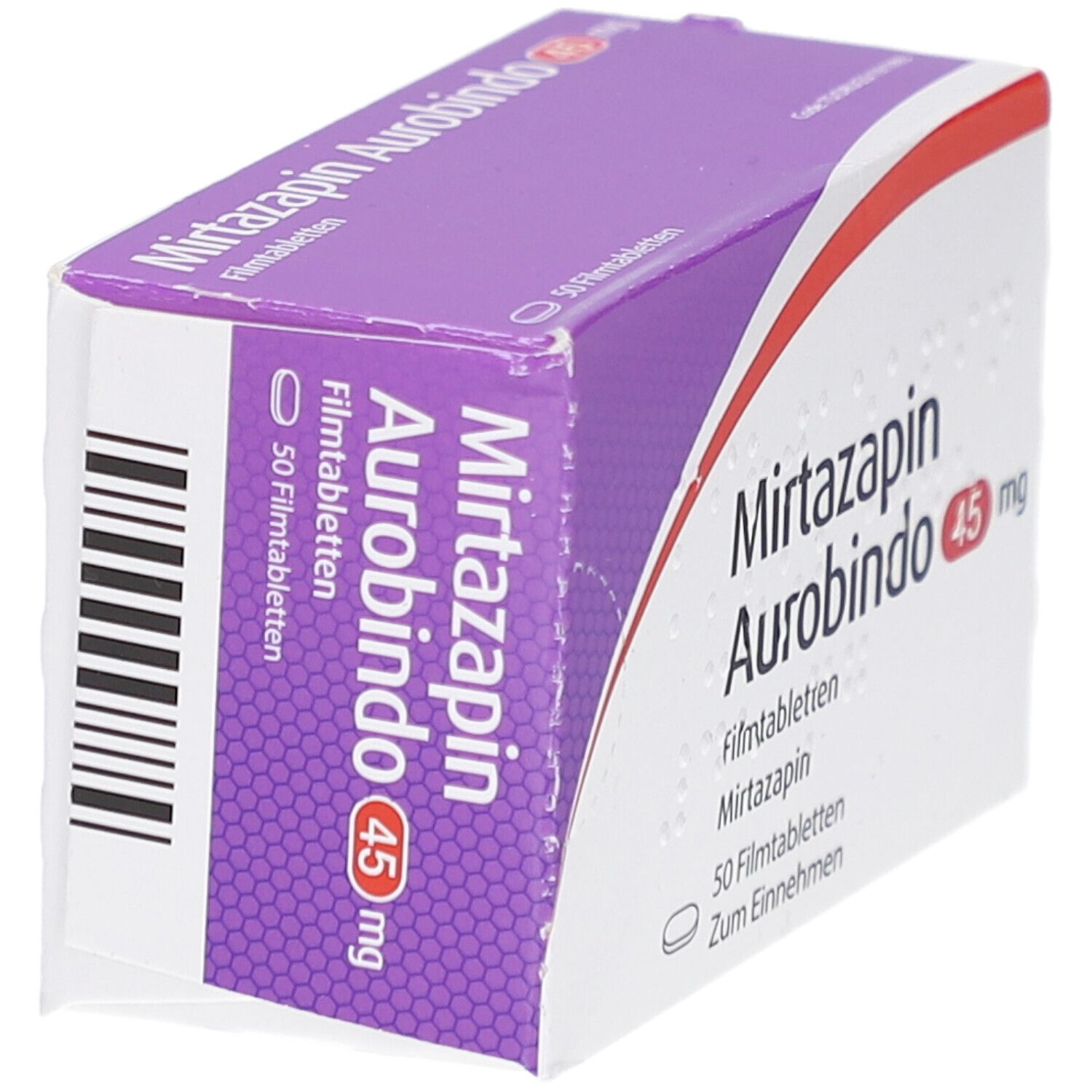 Schachtel Mirtazapin Aurobindo 45 mg. Verpackung schräg von oben. Lila und weiße Farben. Aufschrift: 50 Filmtabletten.