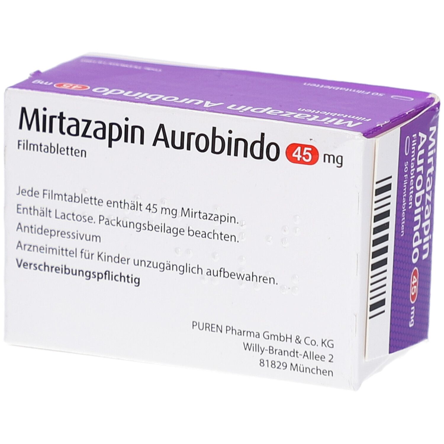 Schachtel Mirtazapin Aurobindo 45 mg. Aufschrift: 50 Filmtabletten. Enthält 45 mg Mirtazapin. Weiße Verpackung mit lila Deckel.
