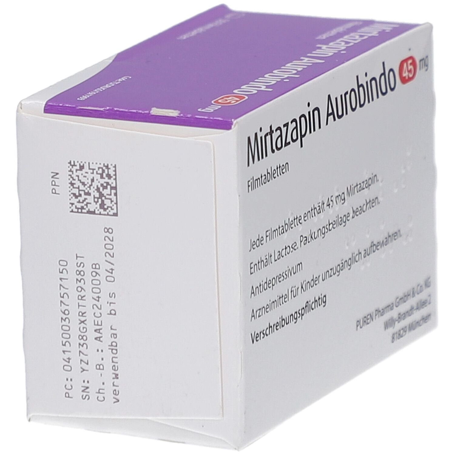 Schachtel Mirtazapin Aurobindo 45 mg. Weiße Verpackung mit lila Deckel. Aufschrift: 50 Filmtabletten. Barcode und Chargennummer.