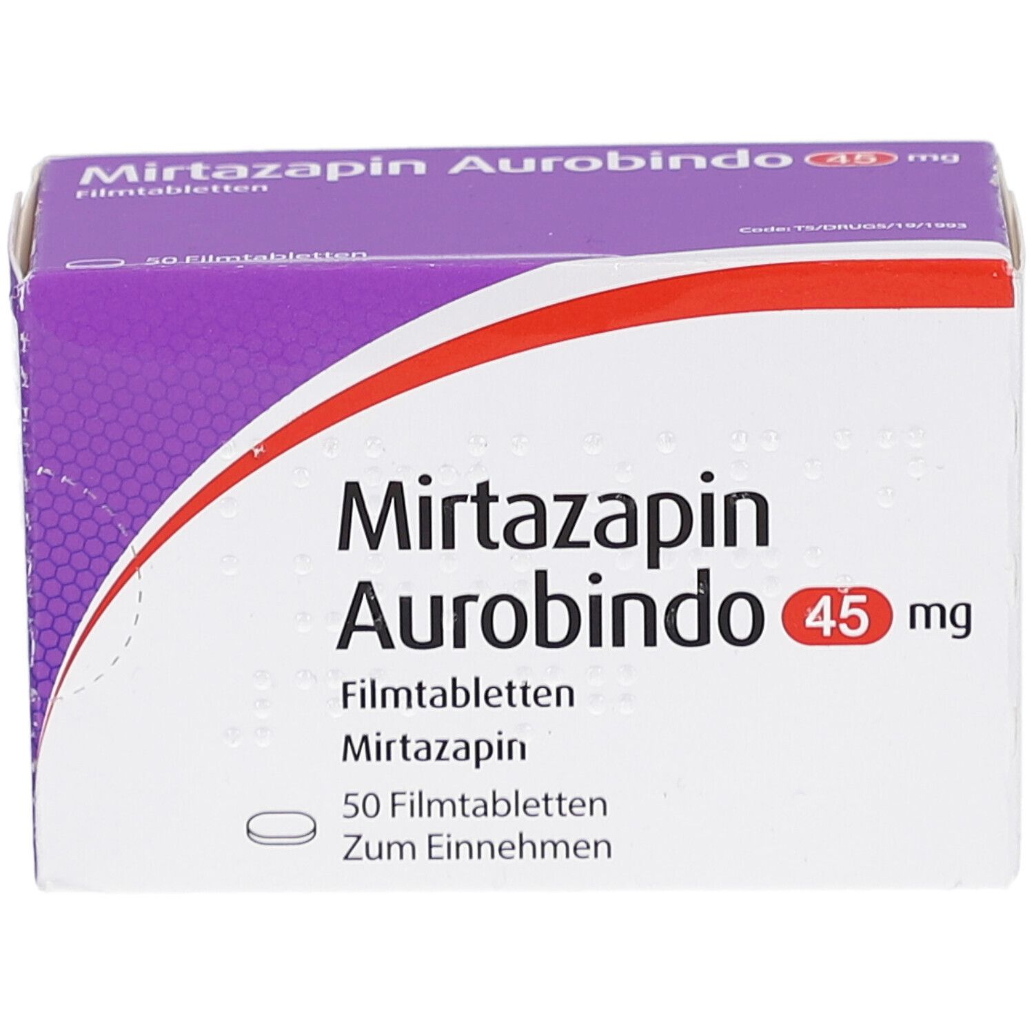 Schachtel Mirtazapin Aurobindo 45 mg. Aufschrift: 50 Filmtabletten. Weiße Verpackung mit lila Deckel. Roter Streifen.