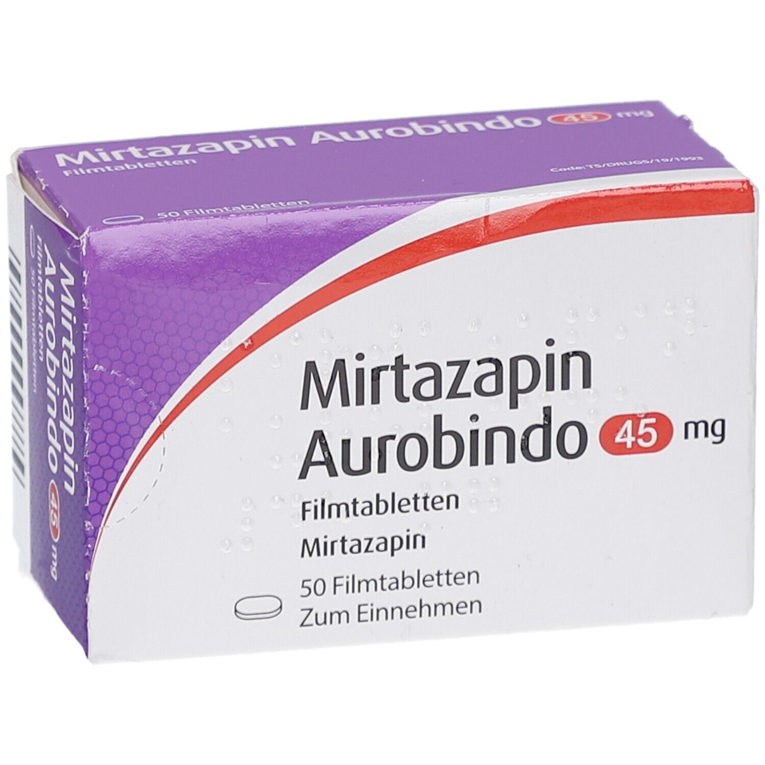 Schachtel Mirtazapin Aurobindo 45 mg. Aufschrift: 50 Filmtabletten. Weiße Verpackung mit lila Deckel. Roter Streifen.