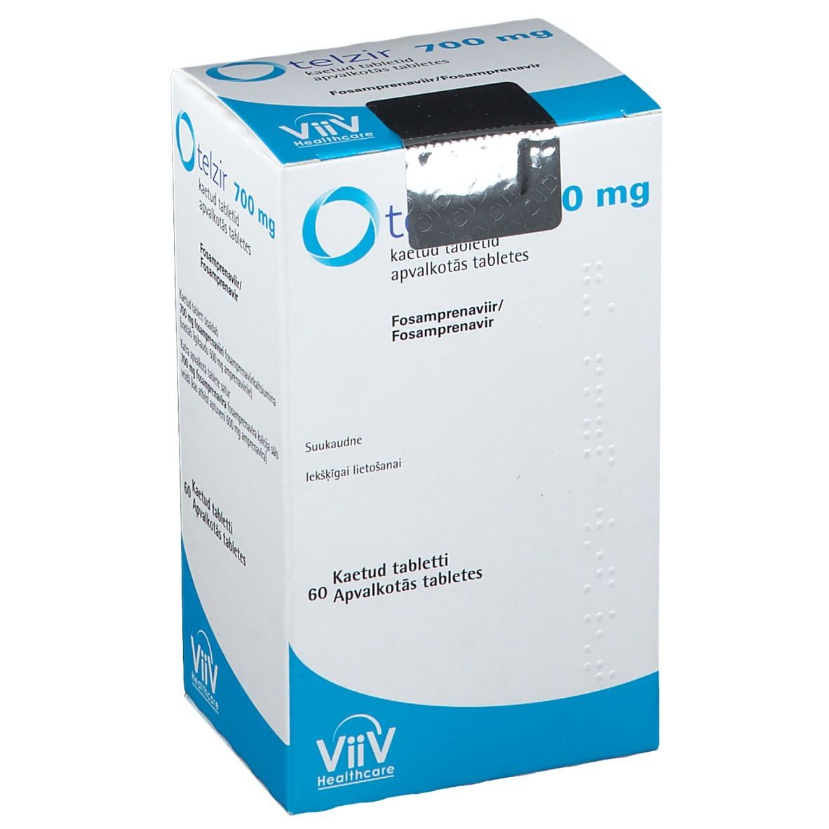 Schachtel TELZIR 700 mg Filmtabletten. Aufschrift: ViiV Healthcare. 60 Tabletten. Blaue und weiße Verpackung.