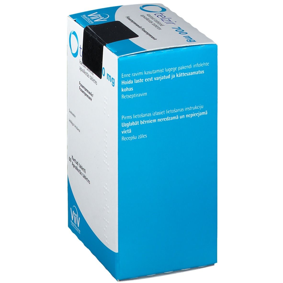 Schachtel TELZIR 700 mg Filmtabletten. Aufschrift: ViiV Healthcare. Blaue und weiße Verpackung. Text in mehreren Sprachen.