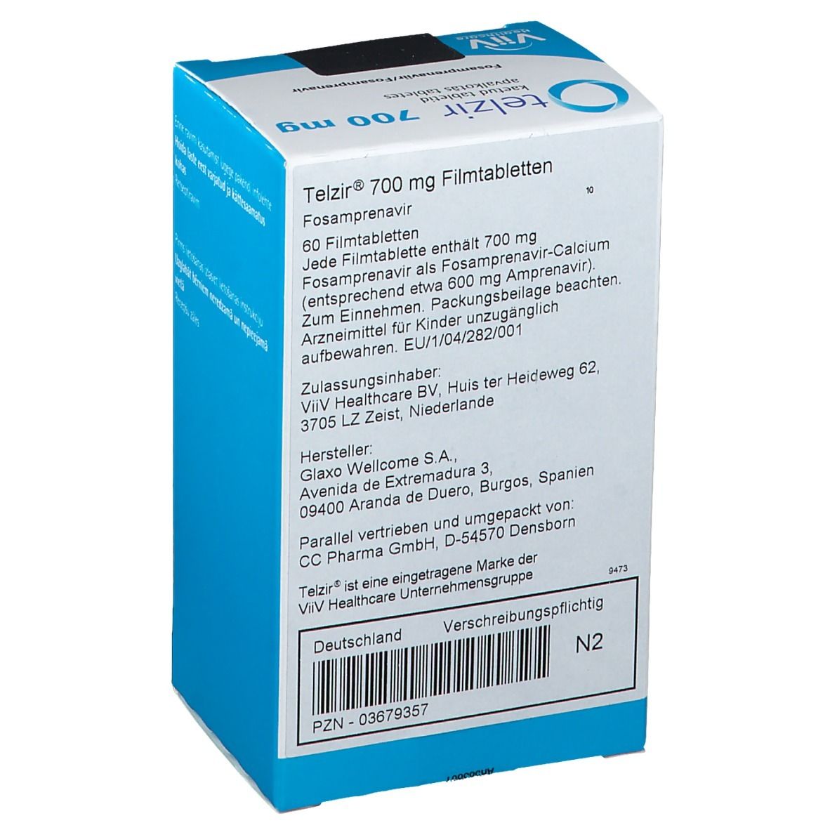 Rückseite der Schachtel TELZIR 700 mg Filmtabletten. Text in Deutsch. Hersteller: ViiV Healthcare. PZN-03679357.