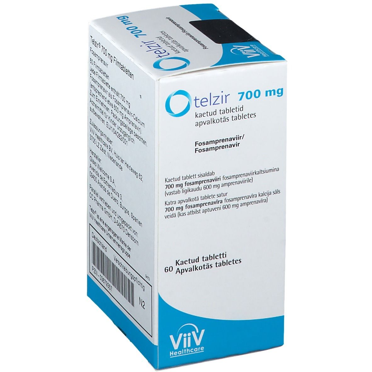 Schachtel TELZIR 700 mg Filmtabletten. Aufschrift: ViiV Healthcare. 60 Tabletten. Text in mehreren Sprachen. Blaue und weiße Verpackung.