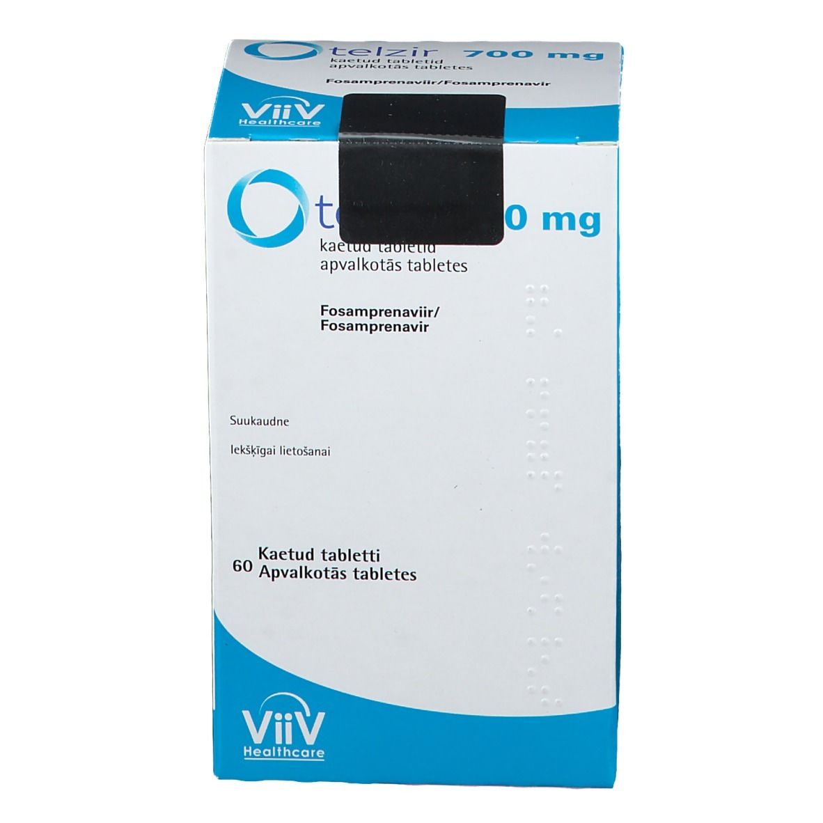 Schachtel TELZIR 700 mg Filmtabletten. Aufschrift: ViiV Healthcare. 60 Tabletten. Blaue und weiße Verpackung. Text in mehreren Sprachen.