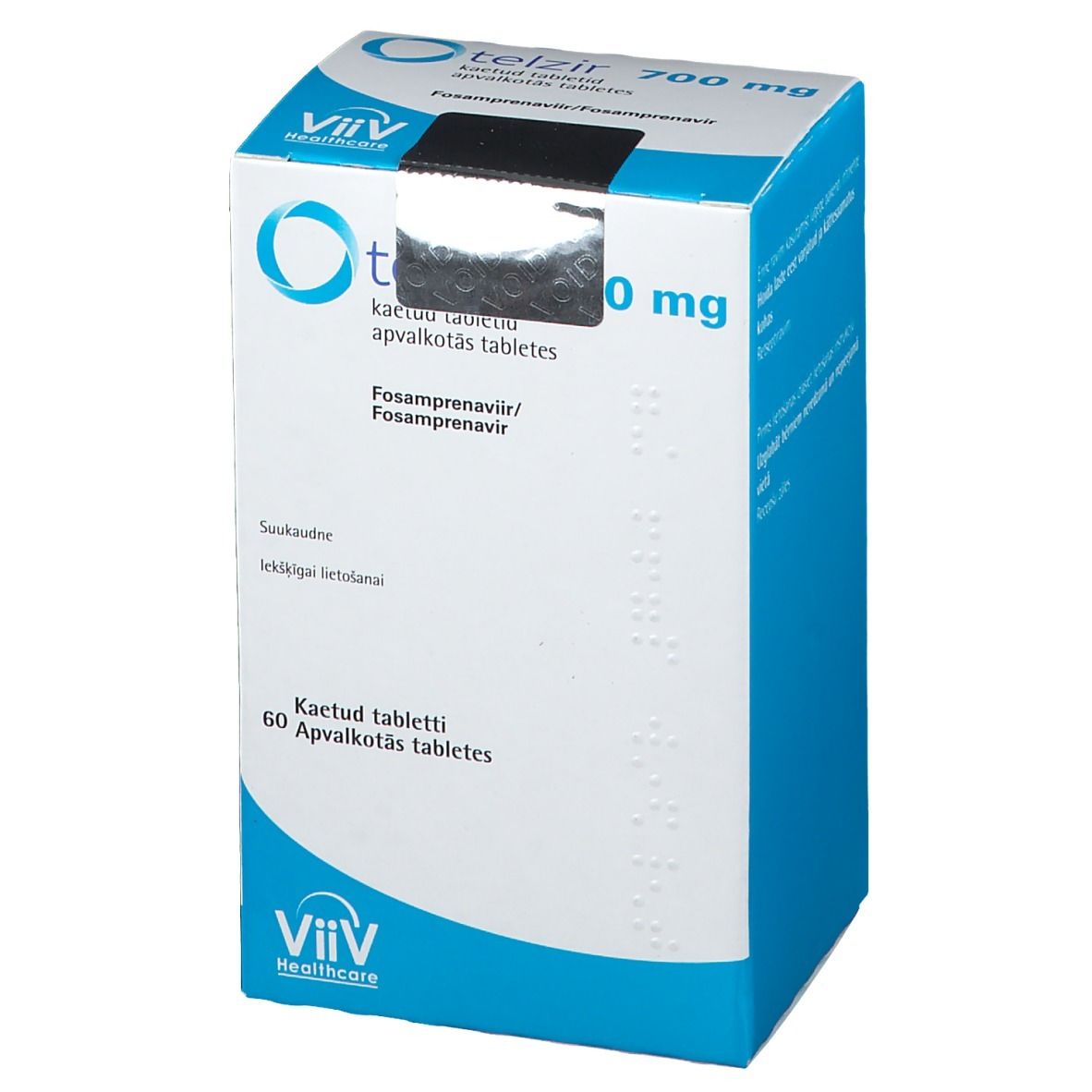 Schachtel TELZIR 700 mg Filmtabletten. Aufschrift: ViiV Healthcare. 60 Tabletten. Blaue und weiße Verpackung. Text in mehreren Sprachen.
