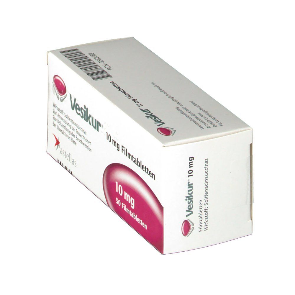 Vesikur® 10 mg Packung, schräg. Weiße Schachtel mit Logo, Produktname, Dosierung und Inhaltsangaben.