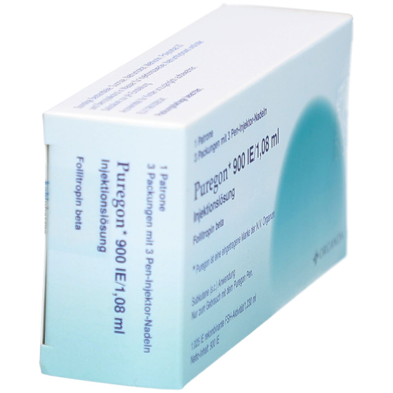 Schräg gestellte weiße Produktverpackung. Aufschrift Puregon 900 IE/1,08 ml. Enthält 1 Patrone und 3 Pen-Injektor-Nadeln.