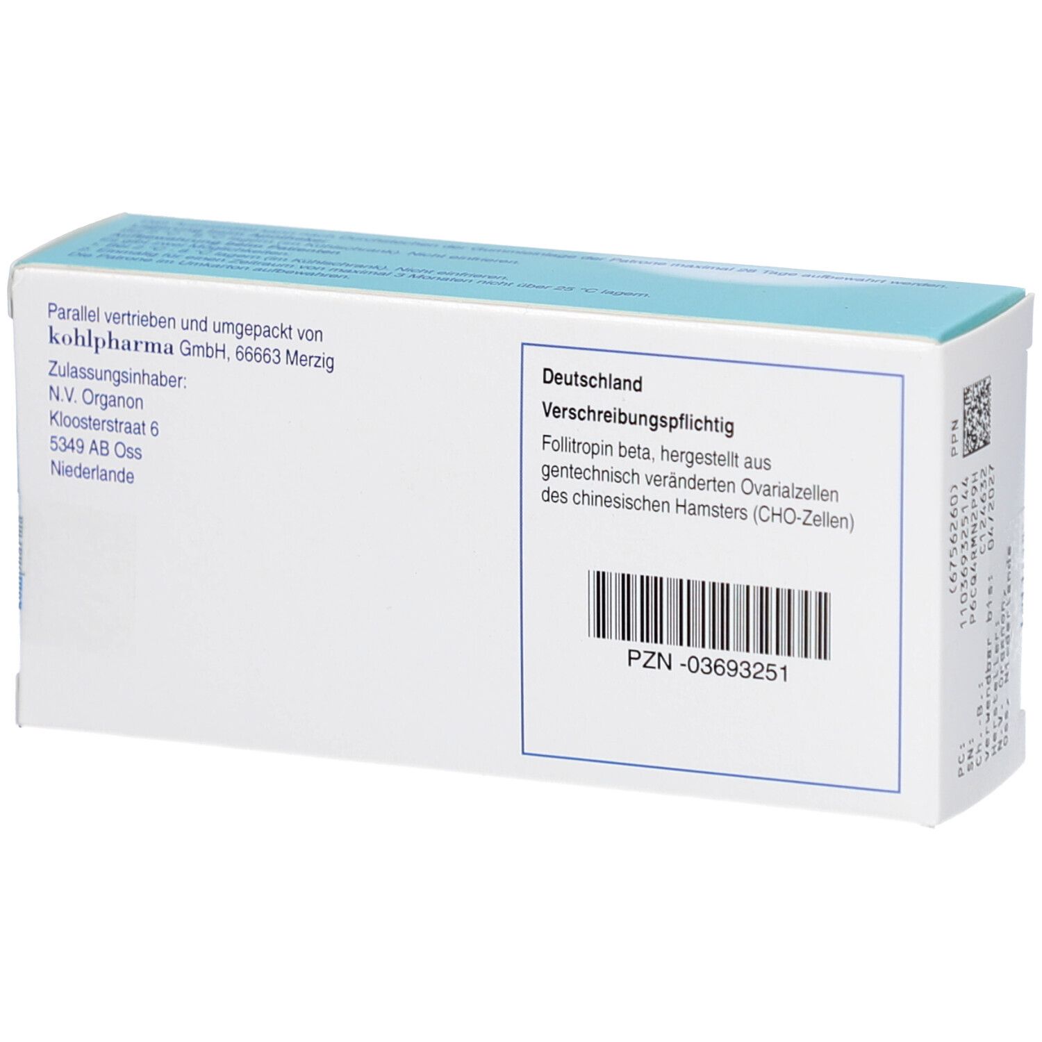 Rückseite der weißen Produktverpackung. Textinformationen und Barcode. PZN-03693251. Herstellerinformationen.