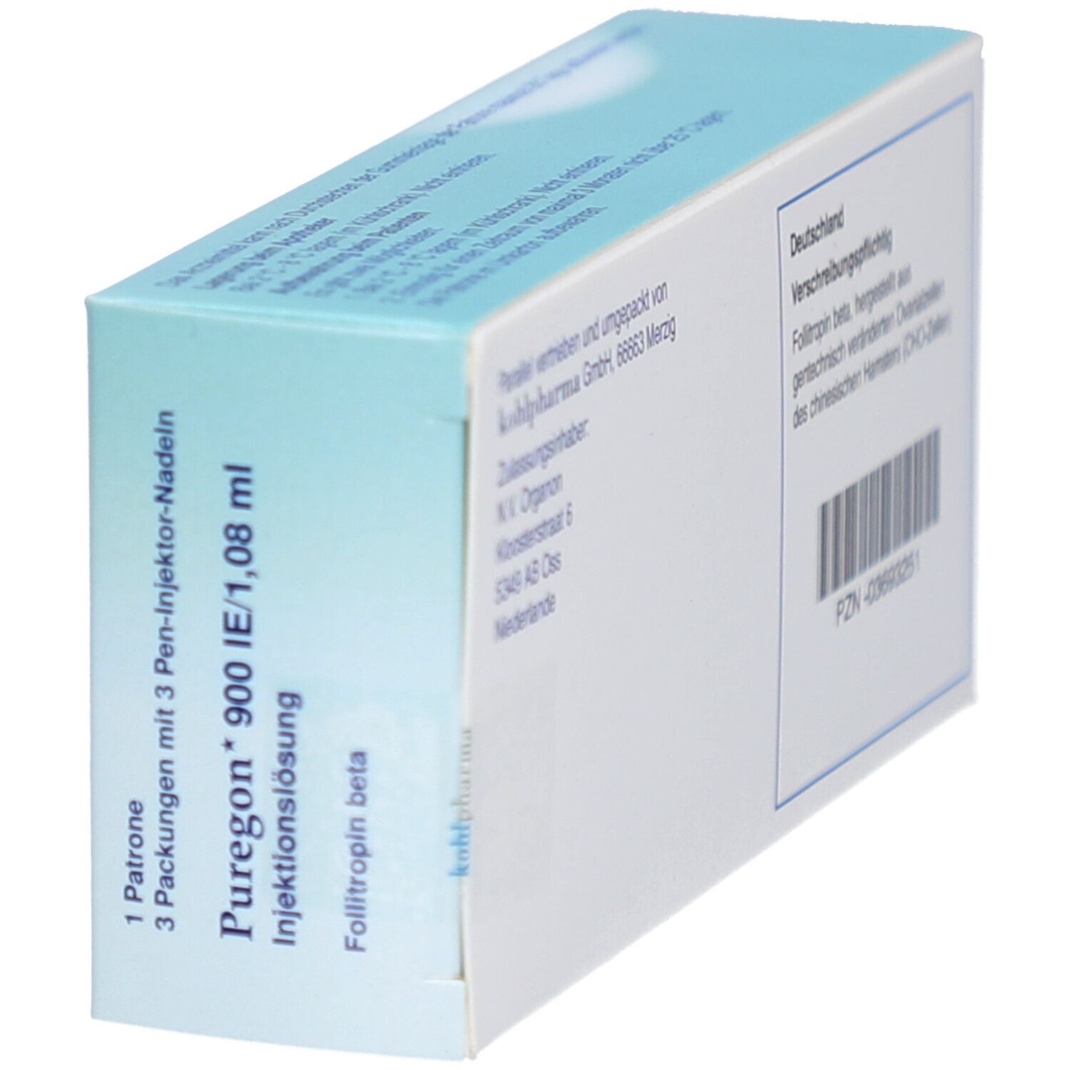 Schräg gestellte weiße Produktverpackung. Aufschrift Puregon 900 IE/1,08 ml. Enthält 1 Patrone und 3 Pen-Injektor-Nadeln.