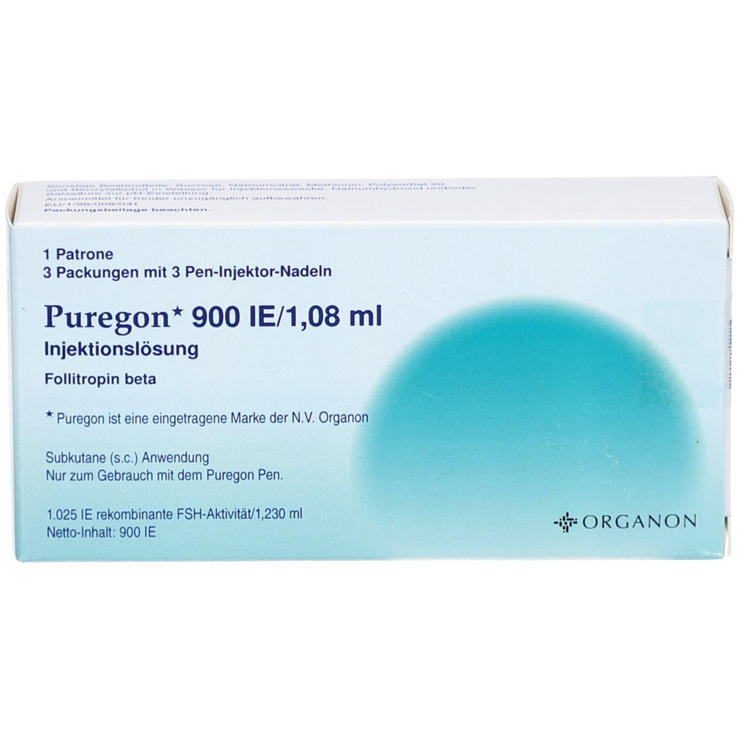Weiße Produktverpackung mit Aufschrift Puregon 900 IE/1,08 ml. Enthält 1 Patrone und 3 Pen-Injektor-Nadeln. Organon Logo.