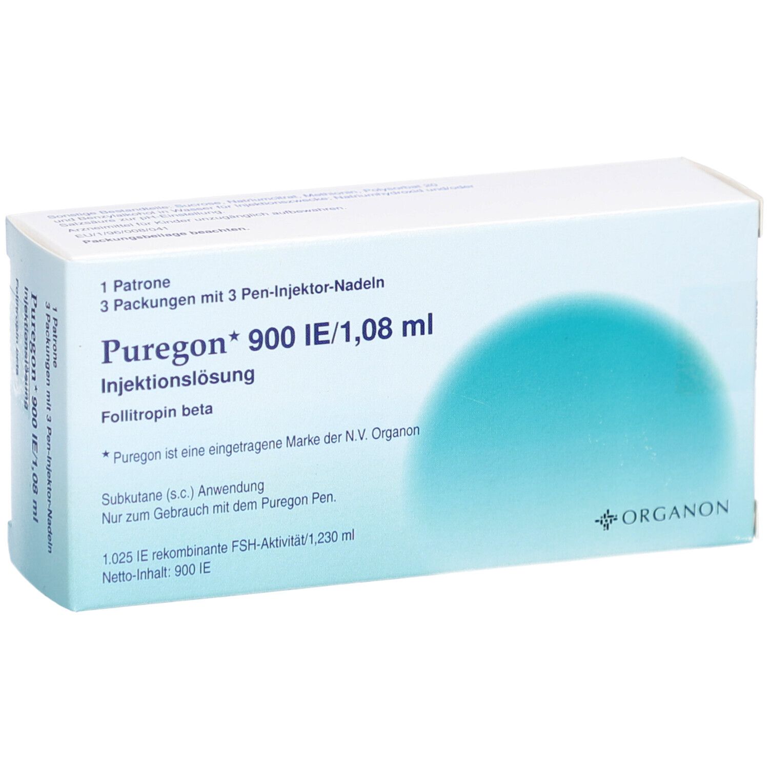 Weiße Produktverpackung mit Aufschrift Puregon 900 IE/1,08 ml. Enthält 1 Patrone und 3 Pen-Injektor-Nadeln. Organon Logo.