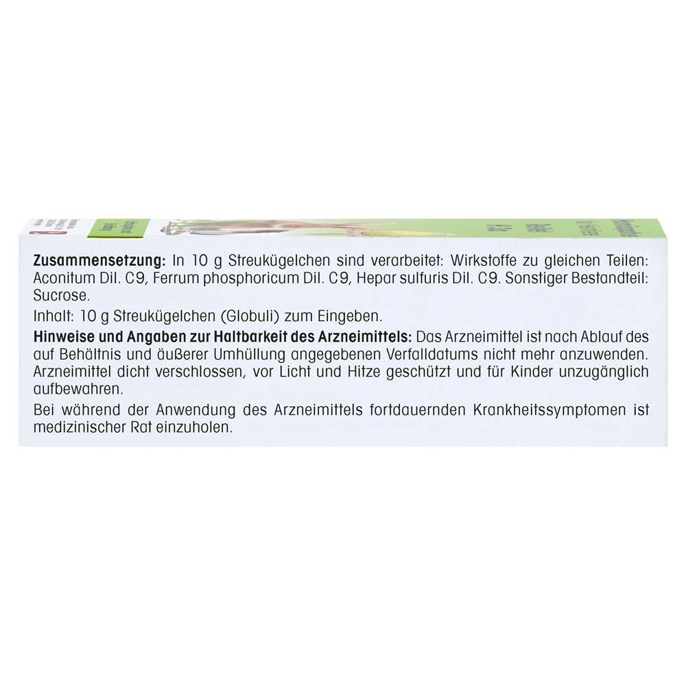 Produktverpackung mit Text. Text: Zusammensetzung, Hinweise, Inhalt, Dosierungsempfehlung. Homöopathisches Arzneimittel.