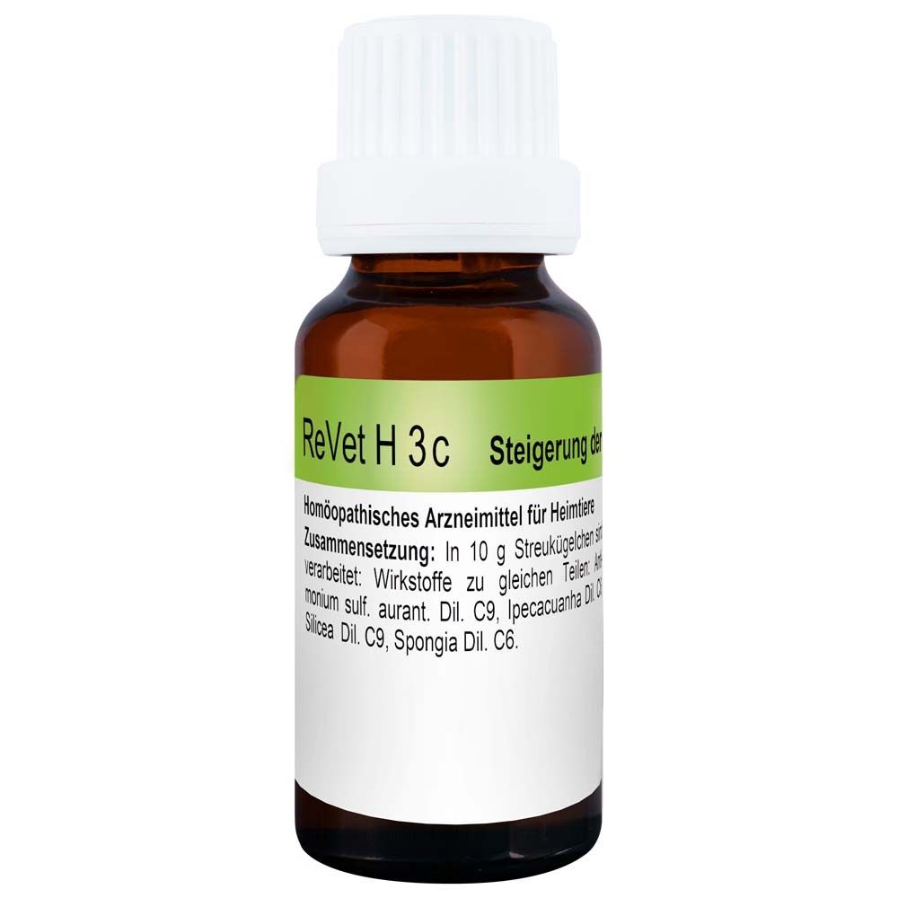Braune Glasflasche mit weißem Deckel. Etikett mit Produktnamen ReVet H 3c. Homöopathisches Arzneimittel für Heimtiere.