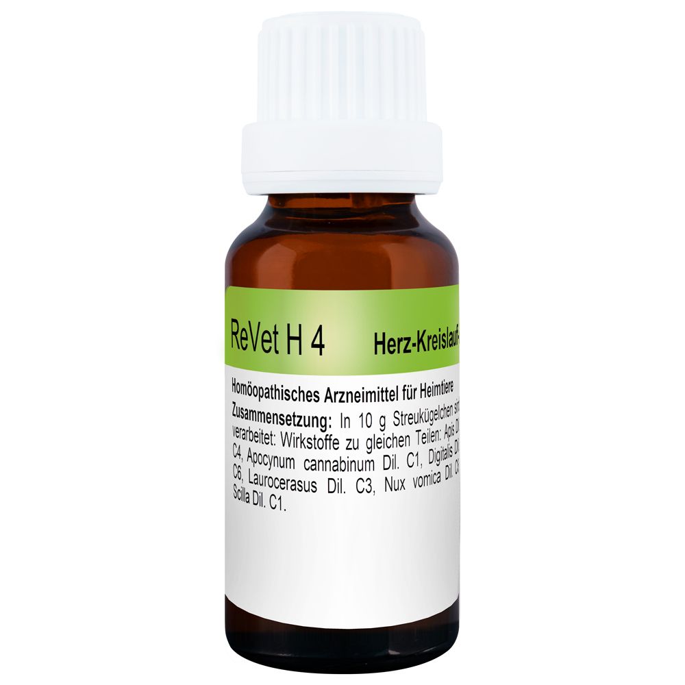 Braune Glasflasche mit weißem Deckel. Etikett mit Text: ReVet H 4, Herz-Kreislauf-Beschwerden. Homöopathisches Arzneimittel.