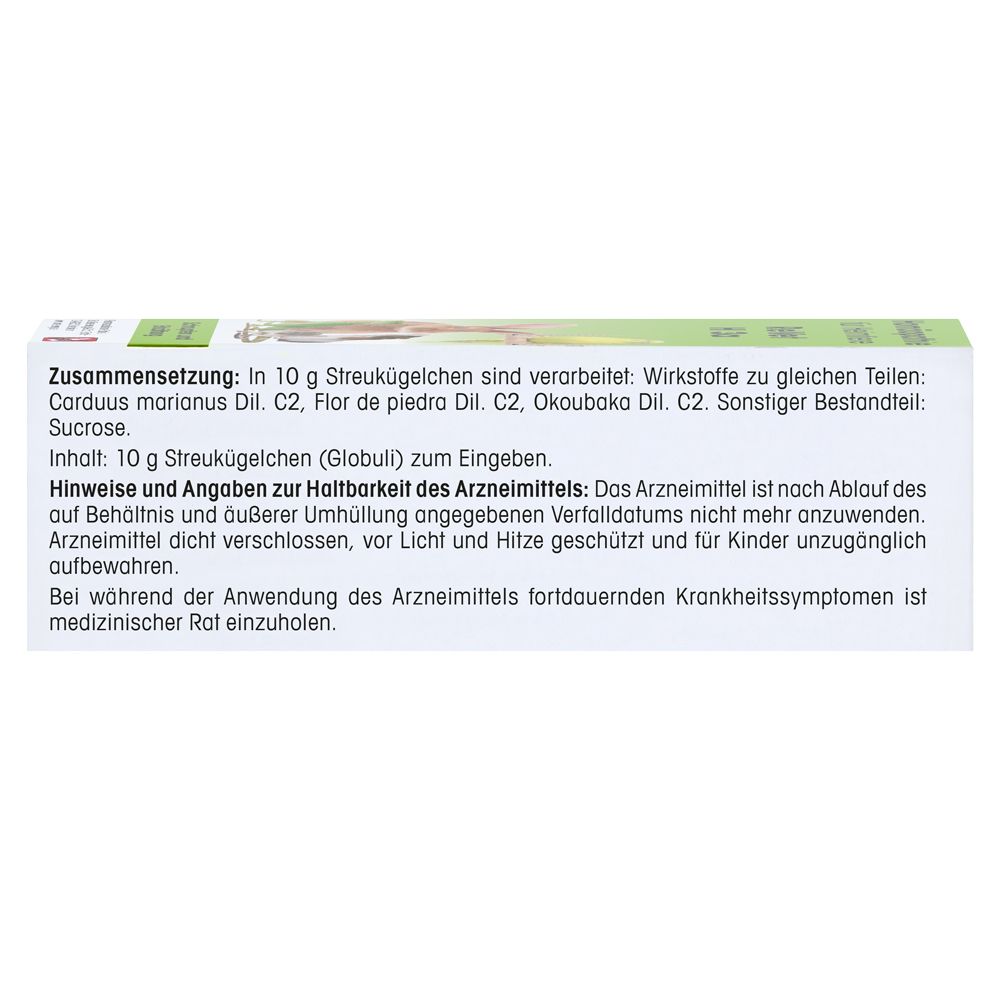 Text auf weißem Hintergrund. Zusammensetzung: 10 g Streukügelchen. Hinweise und Angaben zur Haltbarkeit.