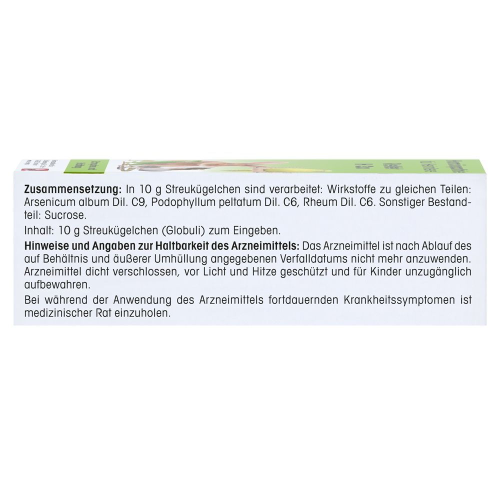 Weiße Verpackung mit Text. Enthält 10 g Streukügelchen. Hinweise zur Haltbarkeit und Anwendung des Arzneimittels.
