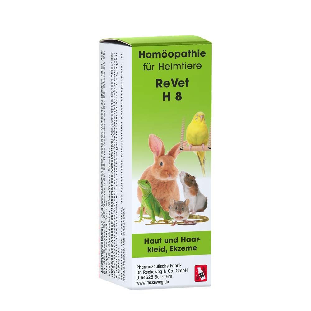ReVet H 8 Flasche mit Globuli. Braune Glasflasche mit weißem Deckel und grünem Etikett. Text in Deutsch.