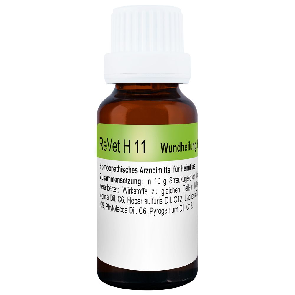 Braune Glasflasche mit weißem Deckel. Etikett mit Text: ReVet H 11, Wundheilung. Homöopathisches Arzneimittel für Heimtiere.