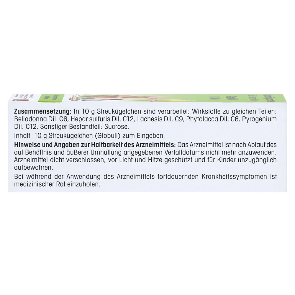 Text auf weißer Schachtel. Zusammensetzung, Hinweise zur Haltbarkeit, Hinweise zur Anwendung. Text in deutscher Sprache.