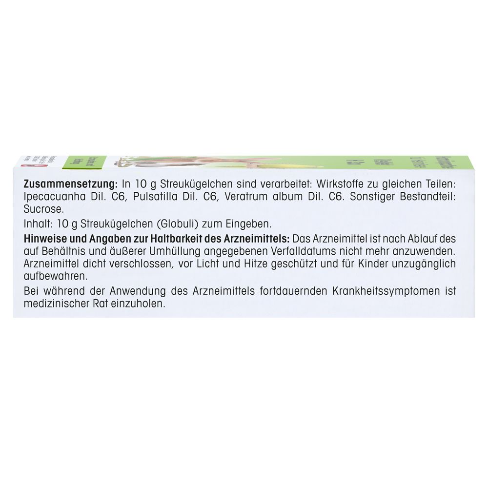 Text auf weißem Hintergrund. Text: Zusammensetzung, Hinweise und Angaben zur Haltbarkeit, Sucrose, Globuli.