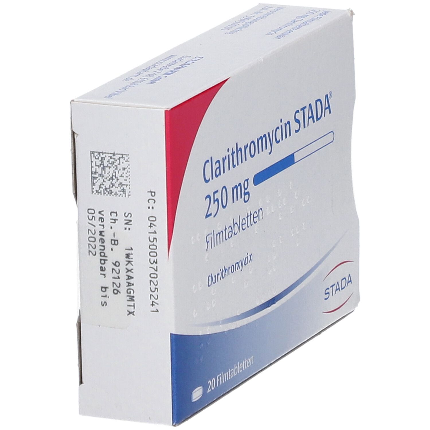 Packung Clarithromycin STADA 250 mg Filmtabletten, Seite mit Chargennummer und Verfallsdatum.