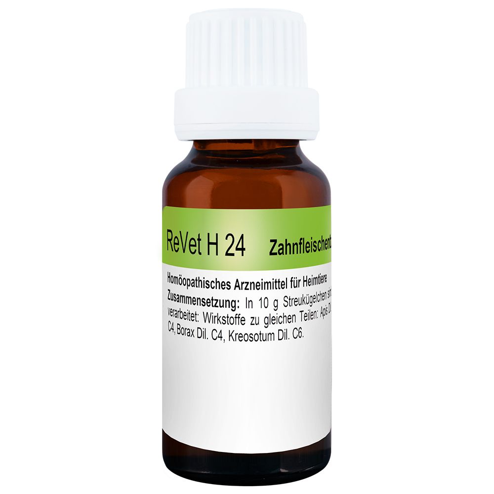 Braune Glasflasche mit weißem Deckel. Aufschrift: ReVet H 24. Etikett mit Text.