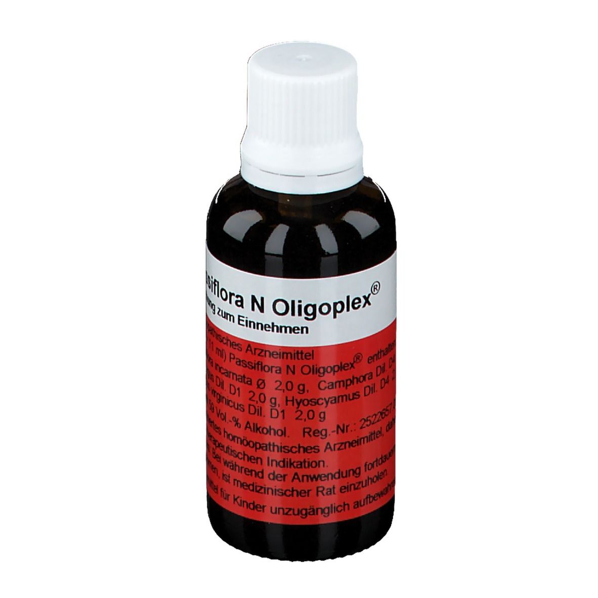 Braune Glasflasche mit weißem Deckel. Etikett mit Produktnamen und Inhaltsstoffen. Zum Einnehmen.
