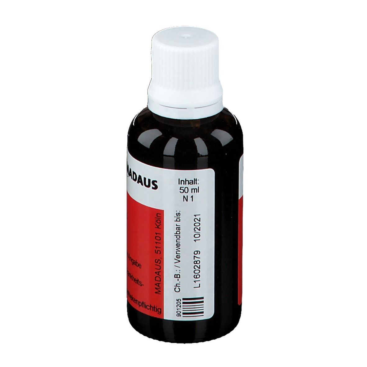 Braune Glasflasche mit weißem Deckel. Rotes Etikett mit Produktnamen und MADAU-Logo. 50 ml.