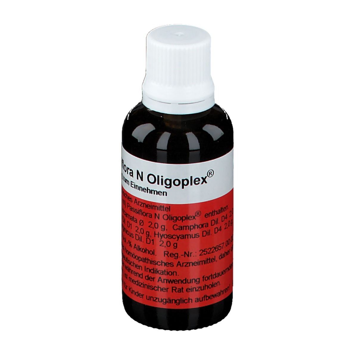 Braune Glasflasche mit weißem Deckel. Rotes Etikett mit Produktnamen und Inhaltsstoffen. Zum Einnehmen.
