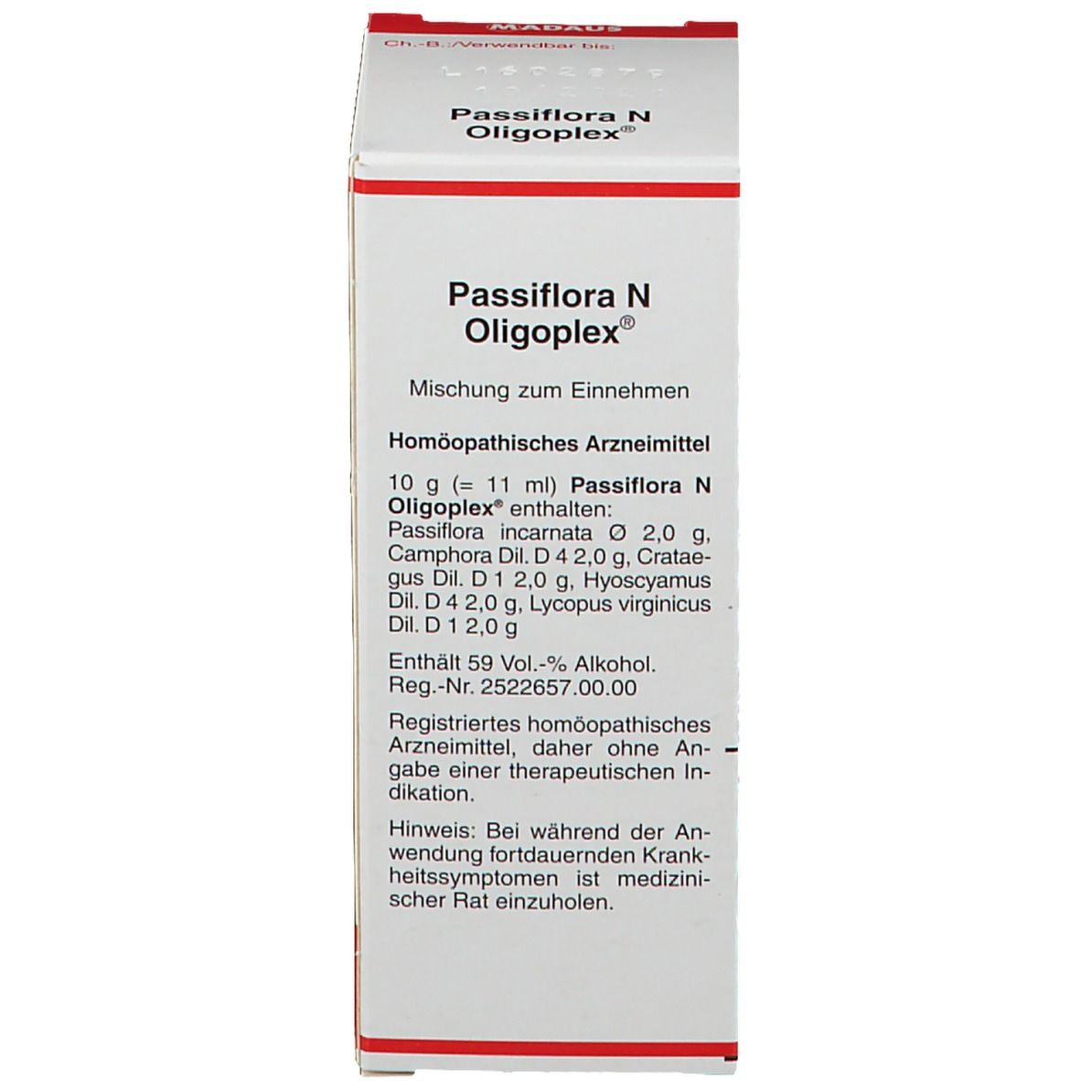 Weiße Verpackung mit Produktnamen und Inhaltsstoffen. Homöopathisches Arzneimittel. Zum Einnehmen.