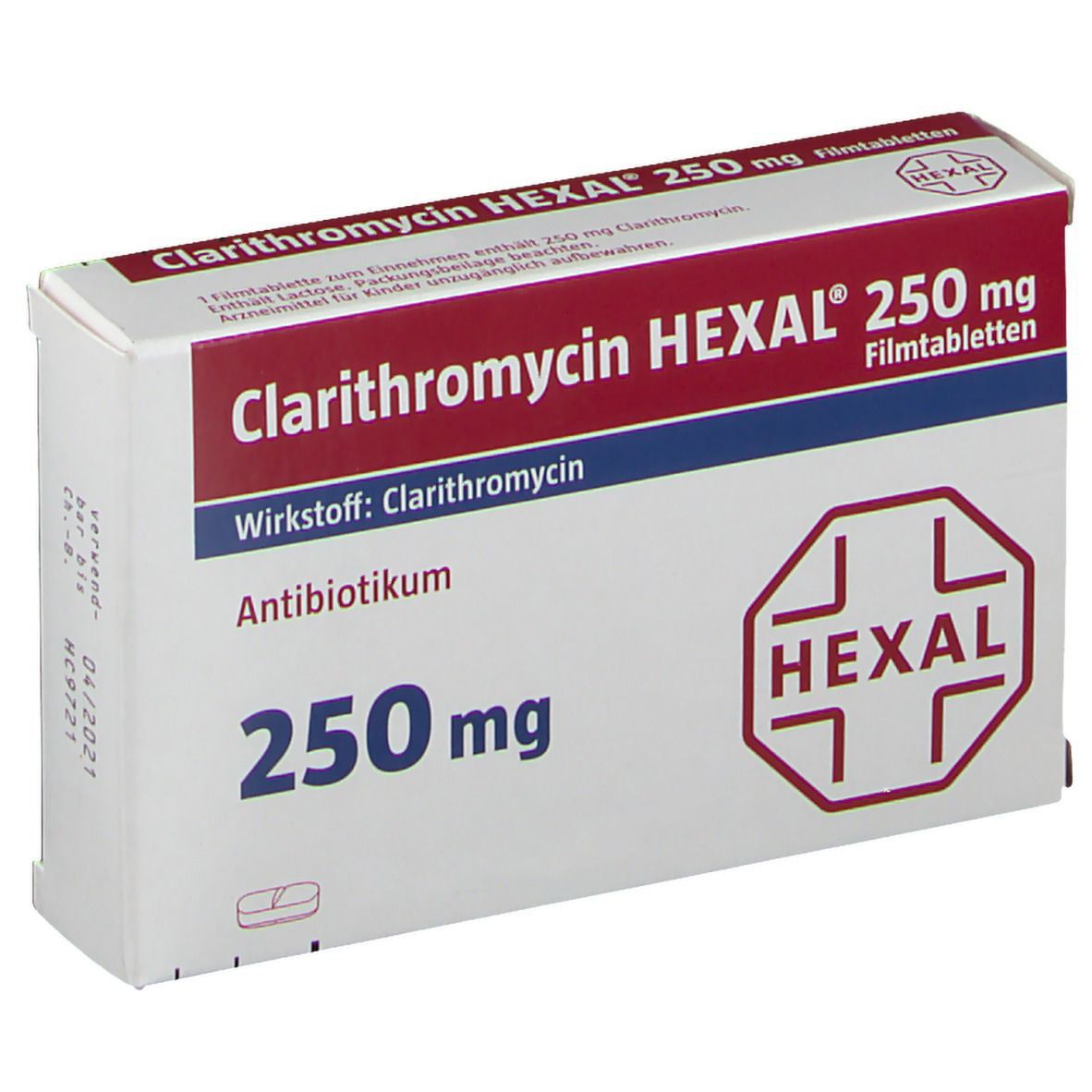 Schachtel Clarithromycin HEXAL 250 mg Filmtabletten. Rote und weiße Verpackung mit Produktnamen, Wirkstoff und Dosierung.
