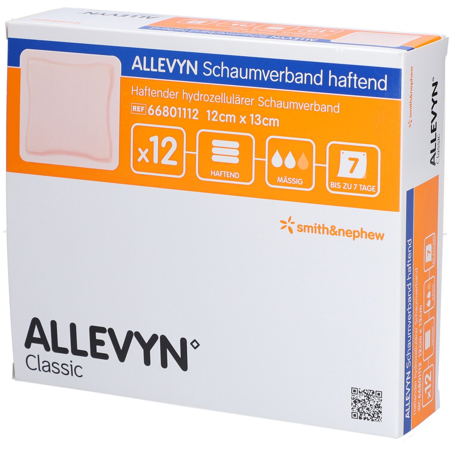 Verpackung mit ALLEVYN Schaumverband. 12 Stück, 12cm x 13cm. Haftend, für mäßig bis stark exsudierende Wunden. Haltbarkeit: 7 Tage.