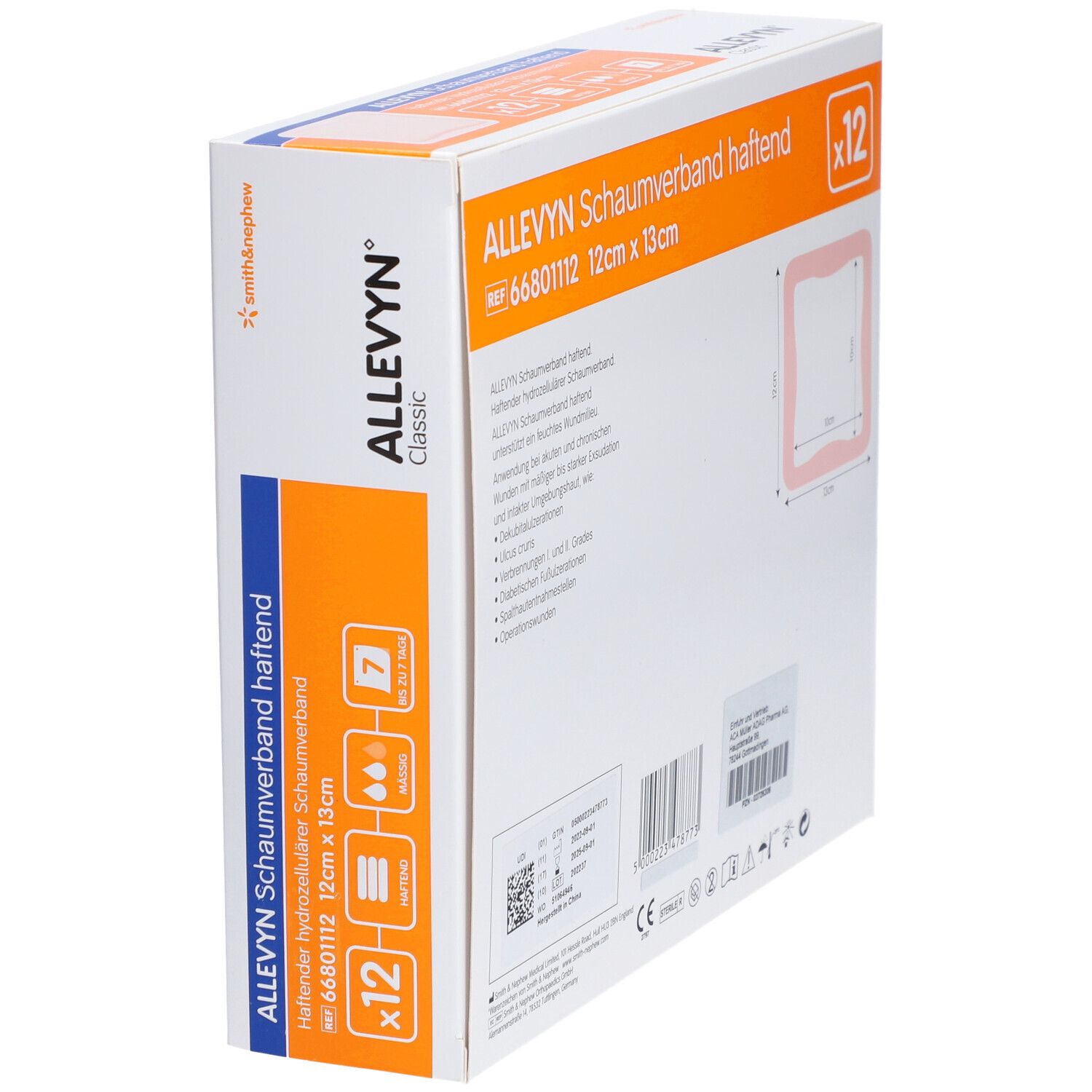 Schrägansicht der Verpackung mit ALLEVYN Schaumverband. 12 Stück, 12cm x 13cm. Haftend. Produktinformationen und Logos.