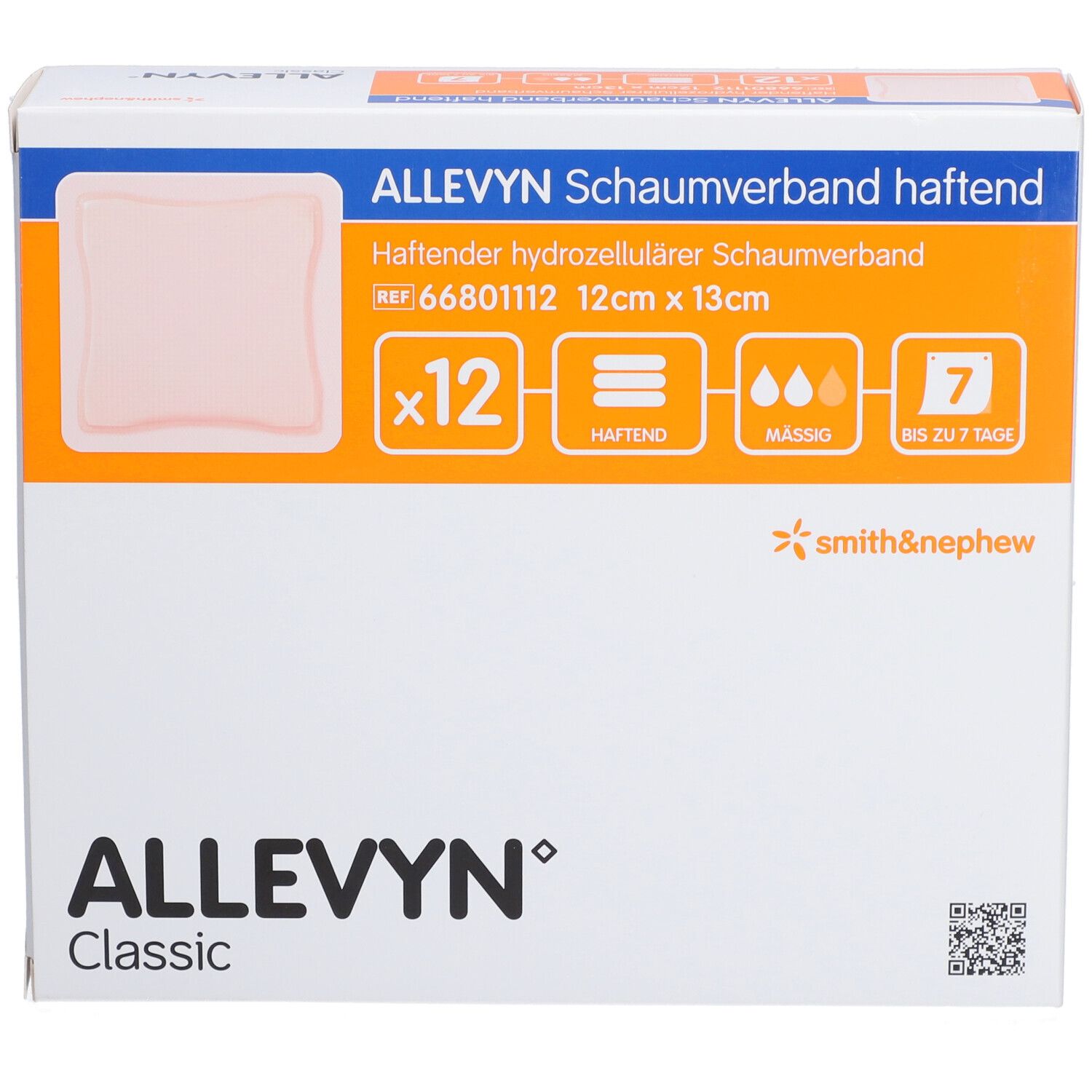 Verpackung mit ALLEVYN Schaumverband. 12 Stück, 12cm x 13cm. Haftend, für mäßig bis stark exsudierende Wunden. Haltbarkeit: 7 Tage.