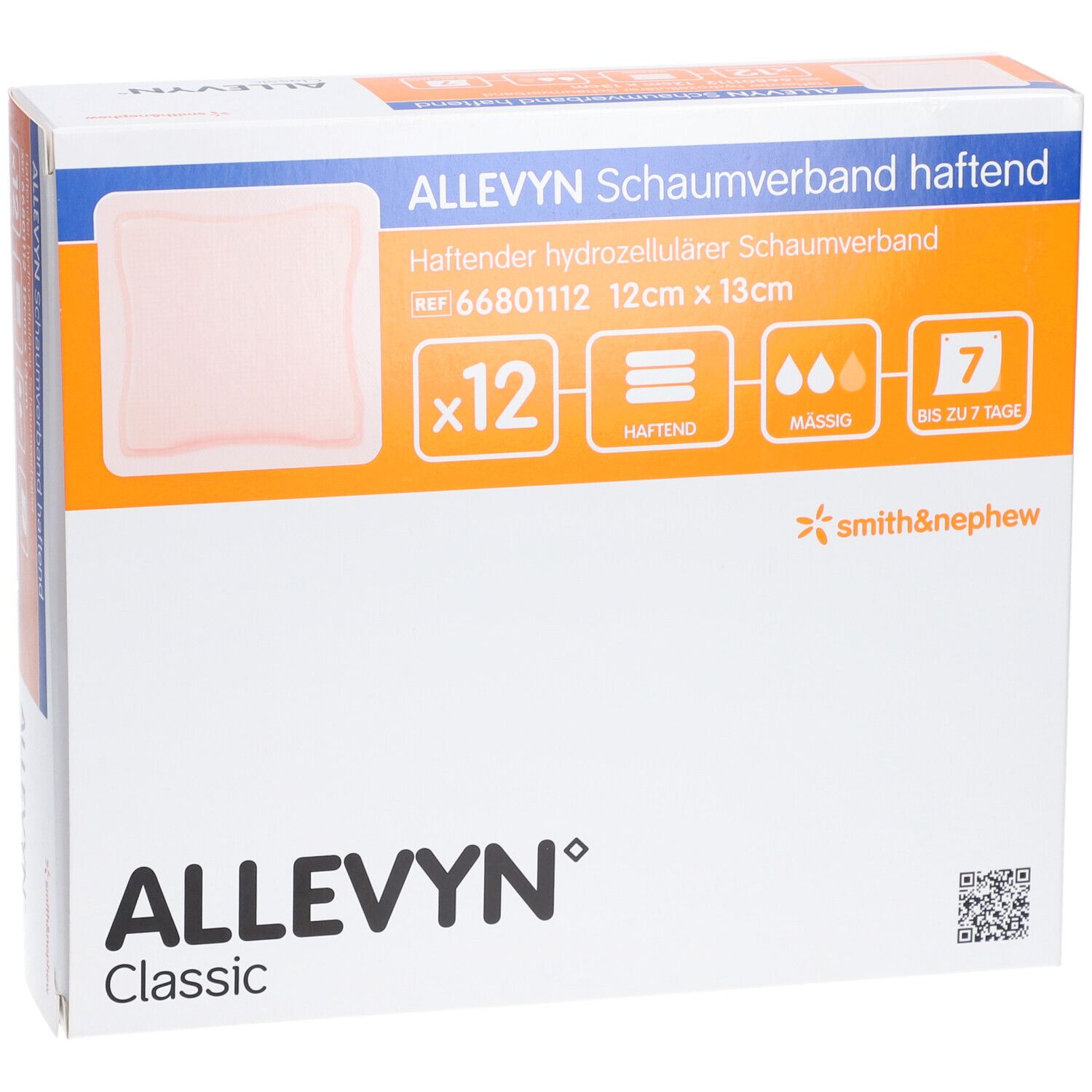 Verpackung mit ALLEVYN Schaumverband. 12 Stück, 12cm x 13cm. Haftend, für mäßig bis stark exsudierende Wunden. Haltbarkeit: 7 Tage.