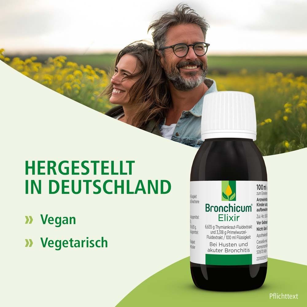 Flasche Bronchicum Elixir. Text: Hergestellt in Deutschland. Vegan. Vegetarisch. Personen im Hintergrund.