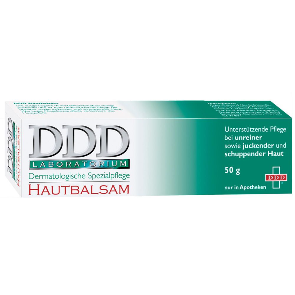 Hautbalsam-Packung. Weiß, mit grünen Akzenten. DDD-Logo und Produktbezeichnung. Text: Unterstützende Pflege bei unreiner, juckender Haut.
