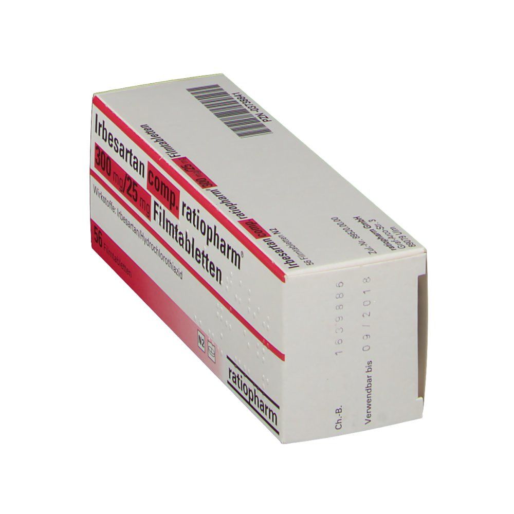 Schachtel mit IRBESARTAN CO RAT 300/25 Filmtabletten. Rote und weiße Beschriftung. ratiopharm Logo.